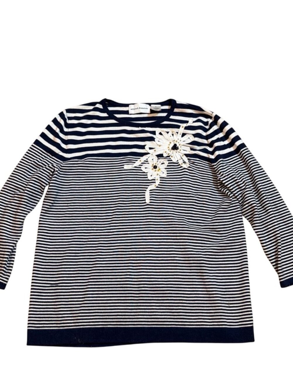 Alfred Dunner Top Shirt Small Striped Floral Sequin Embellished Navy Granny Core